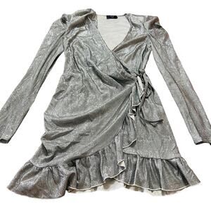Pretty Little Thing Silver Metallic Shimmer Wrap Longsleeve Dress 2